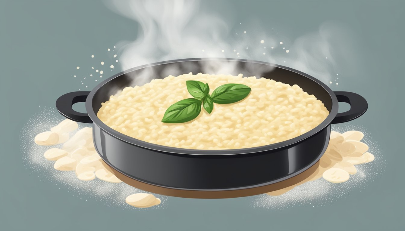 A pot of creamy risotto being gently reheated on a stovetop, with steam rising and the aroma of Parmesan and herbs filling the air