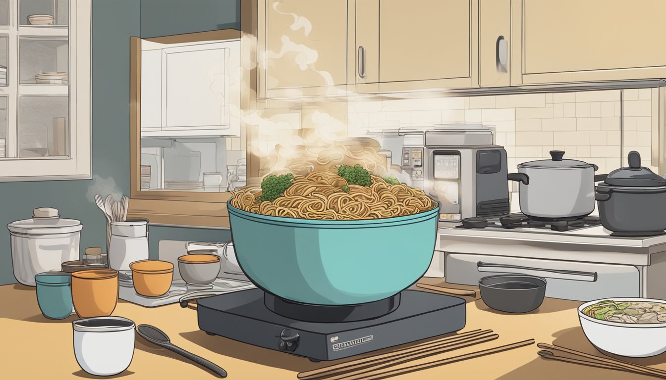 A steaming bowl of reheated ramen sits on a kitchen counter, surrounded by various containers and utensils. A microwave or stovetop may be visible in the background