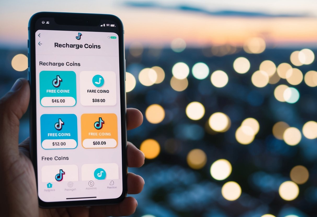 A smartphone with a TikTok app open, displaying the "recharge coins" section with various coin packages and options for free coins