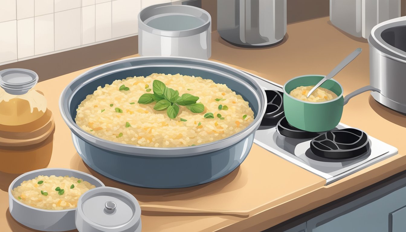 A bowl of leftover risotto is being stored in an airtight container in the refrigerator. A pot is shown on the stove, with a spoon stirring the risotto as it is being reheated