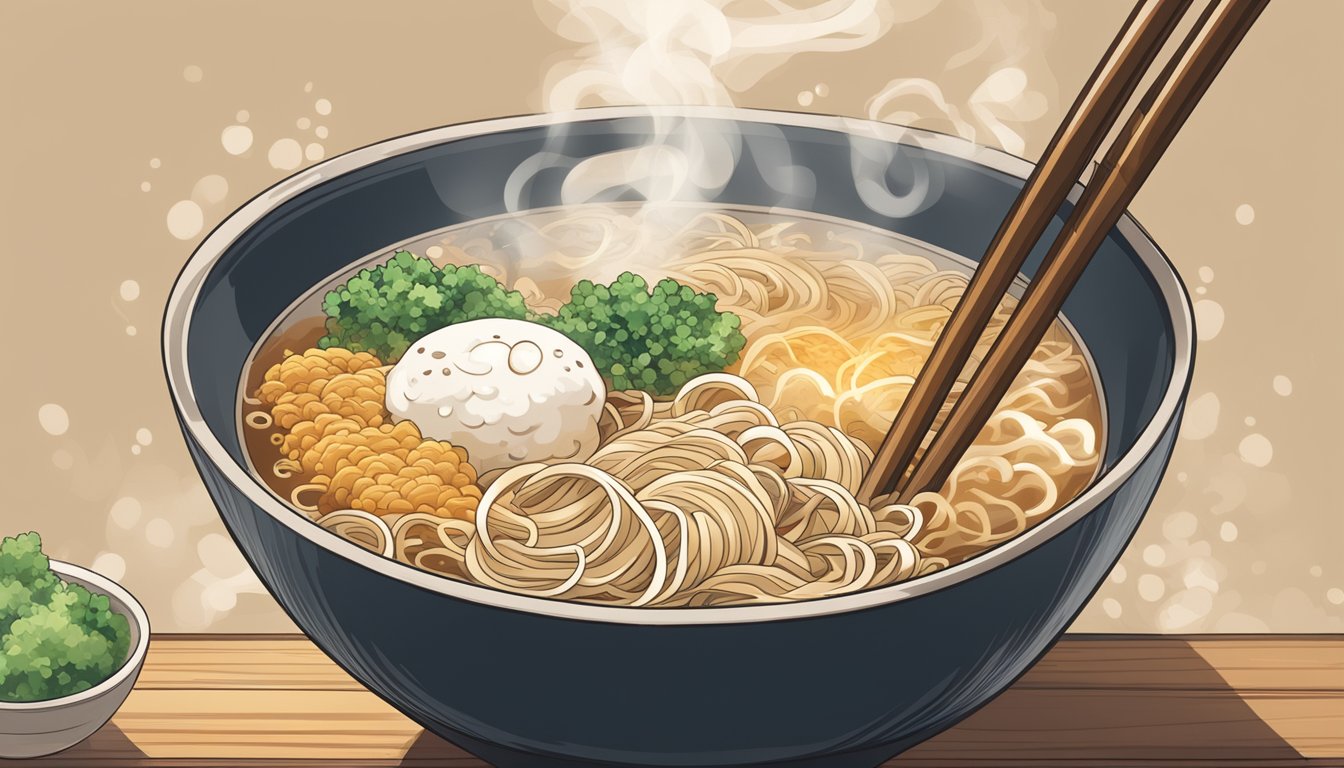 A steaming bowl of ramen sits on a wooden table, surrounded by chopsticks and a spoon. Steam rises from the bowl, indicating it has just been reheated