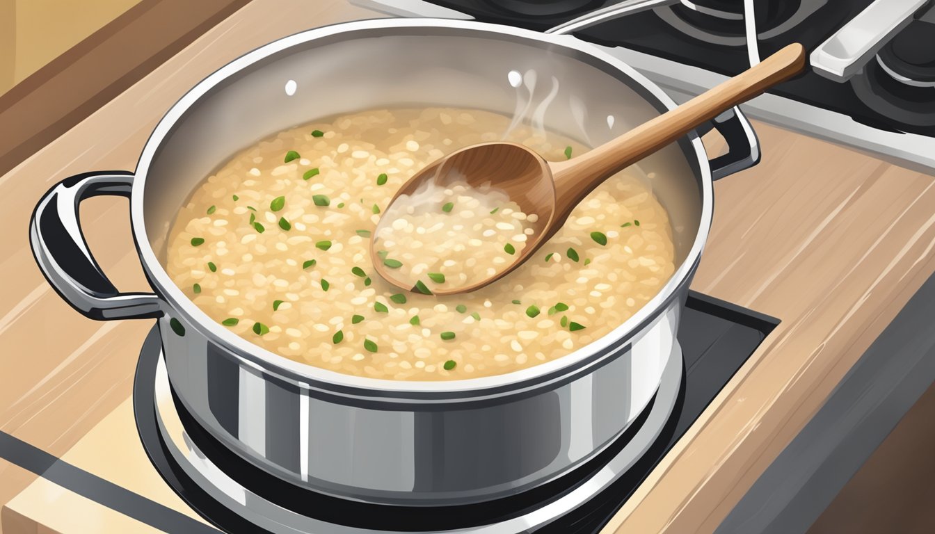 A steaming pot of risotto being gently reheated on a stovetop, with a wooden spoon stirring the creamy mixture as it warms up