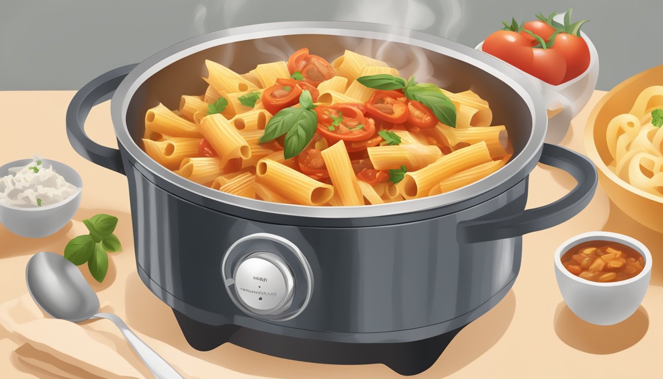 A steaming bowl of rigatoni with chicken cacciatore being heated in a microwave