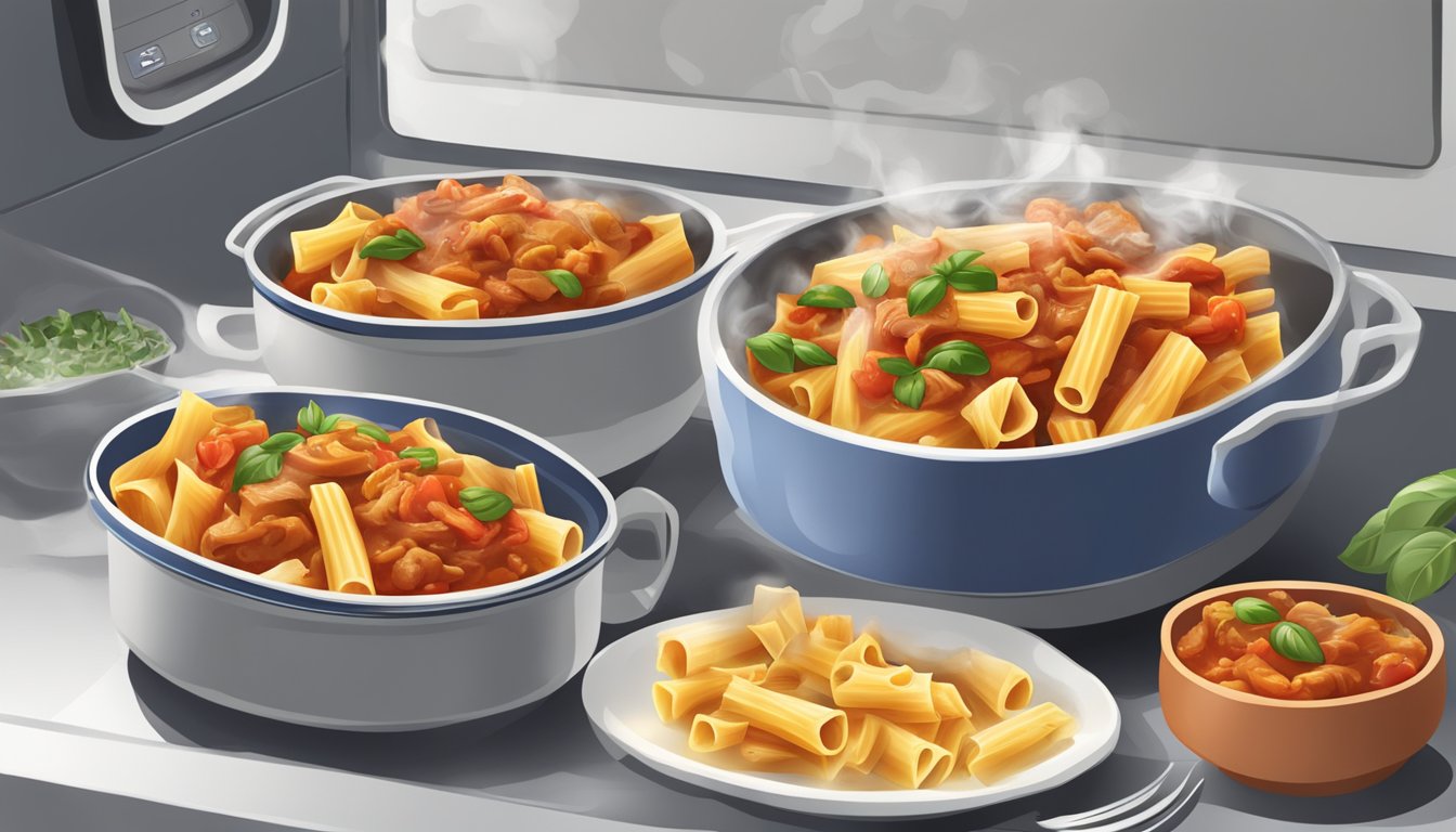 A steaming bowl of rigatoni with chicken cacciatore being reheated in a microwave