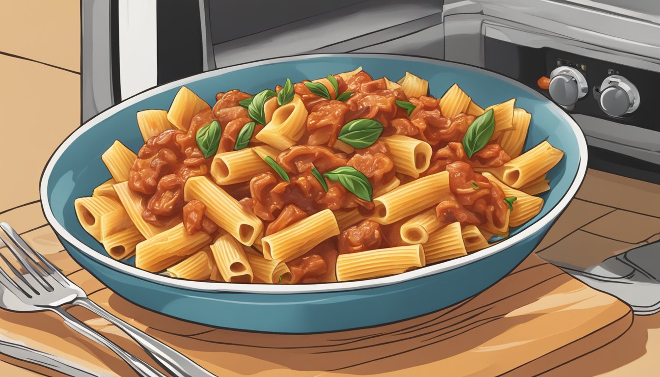 A plate of rigatoni with chicken cacciatore being heated in a microwave