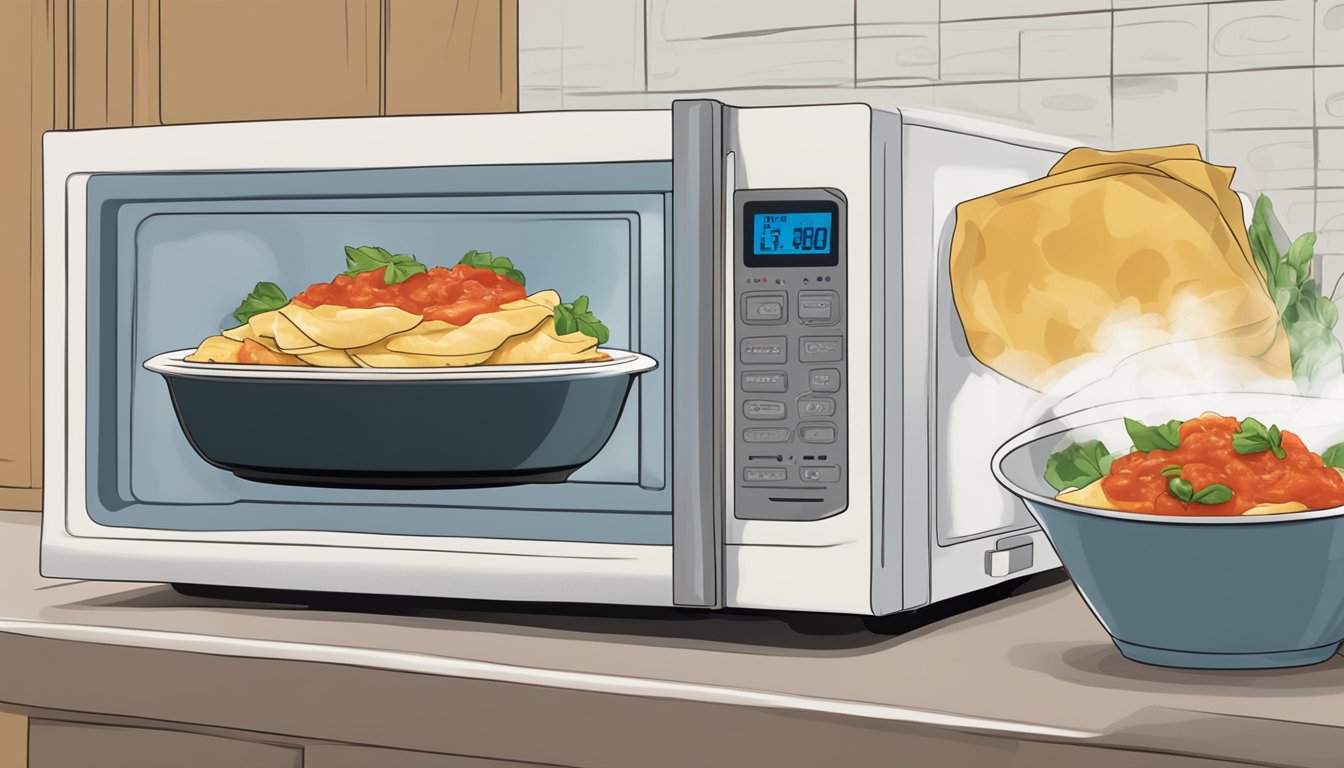 A plate of ravioli sits in a microwave, steam rising from the marinara sauce. The microwave's digital display reads "1:30."