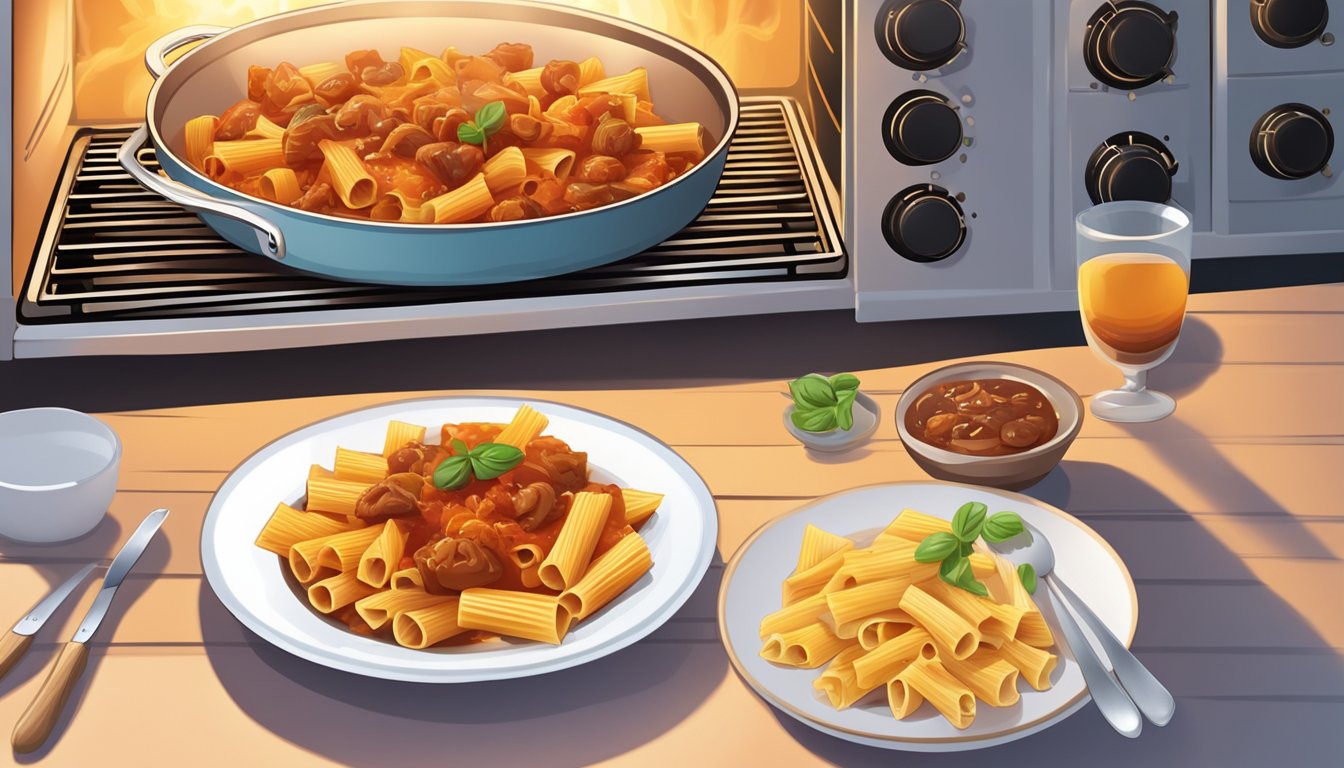 A plate of rigatoni with chicken cacciatore sits in the oven, surrounded by the warm glow of the heating coils