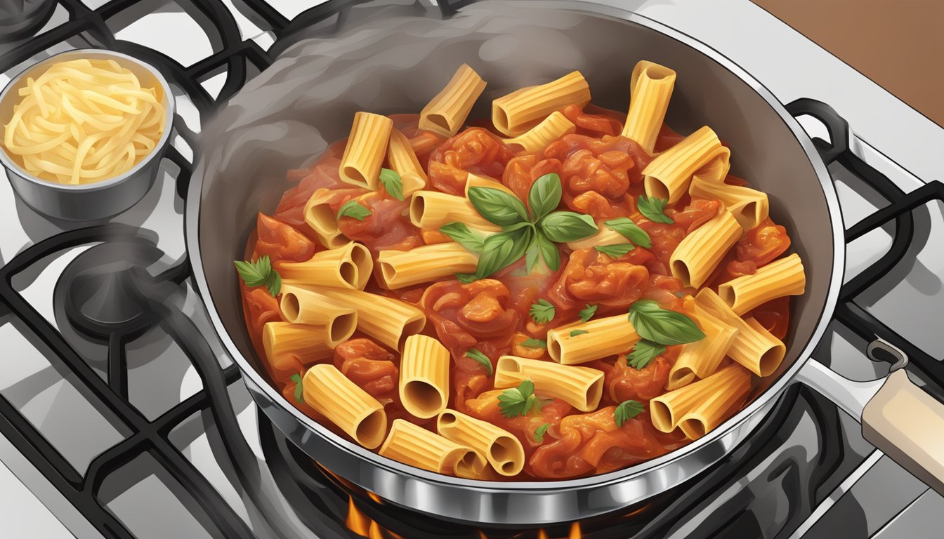 A pot of rigatoni with chicken cacciatore being reheated on a stovetop