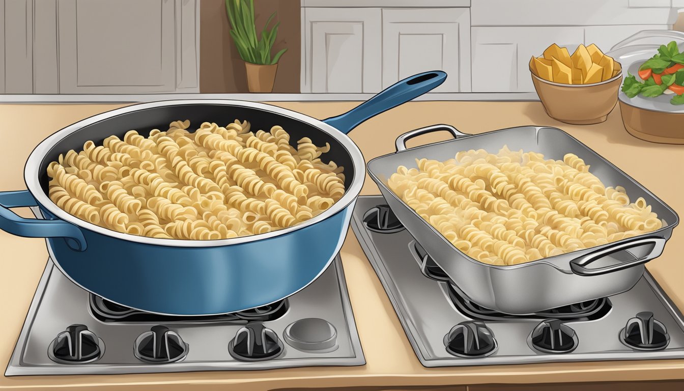 A pot of rotini and chicken alfredo simmering on a stovetop