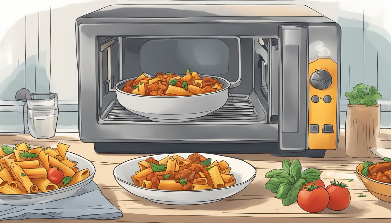 A steaming bowl of rigatoni with chicken cacciatore being reheated in a microwave