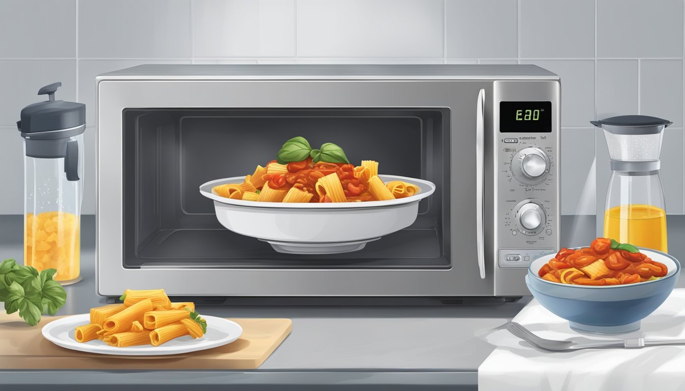 A microwave with a dish of rigatoni and chicken cacciatore covered with a microwave-safe lid, a bowl of water alongside for steam, and a kitchen timer set for reheating