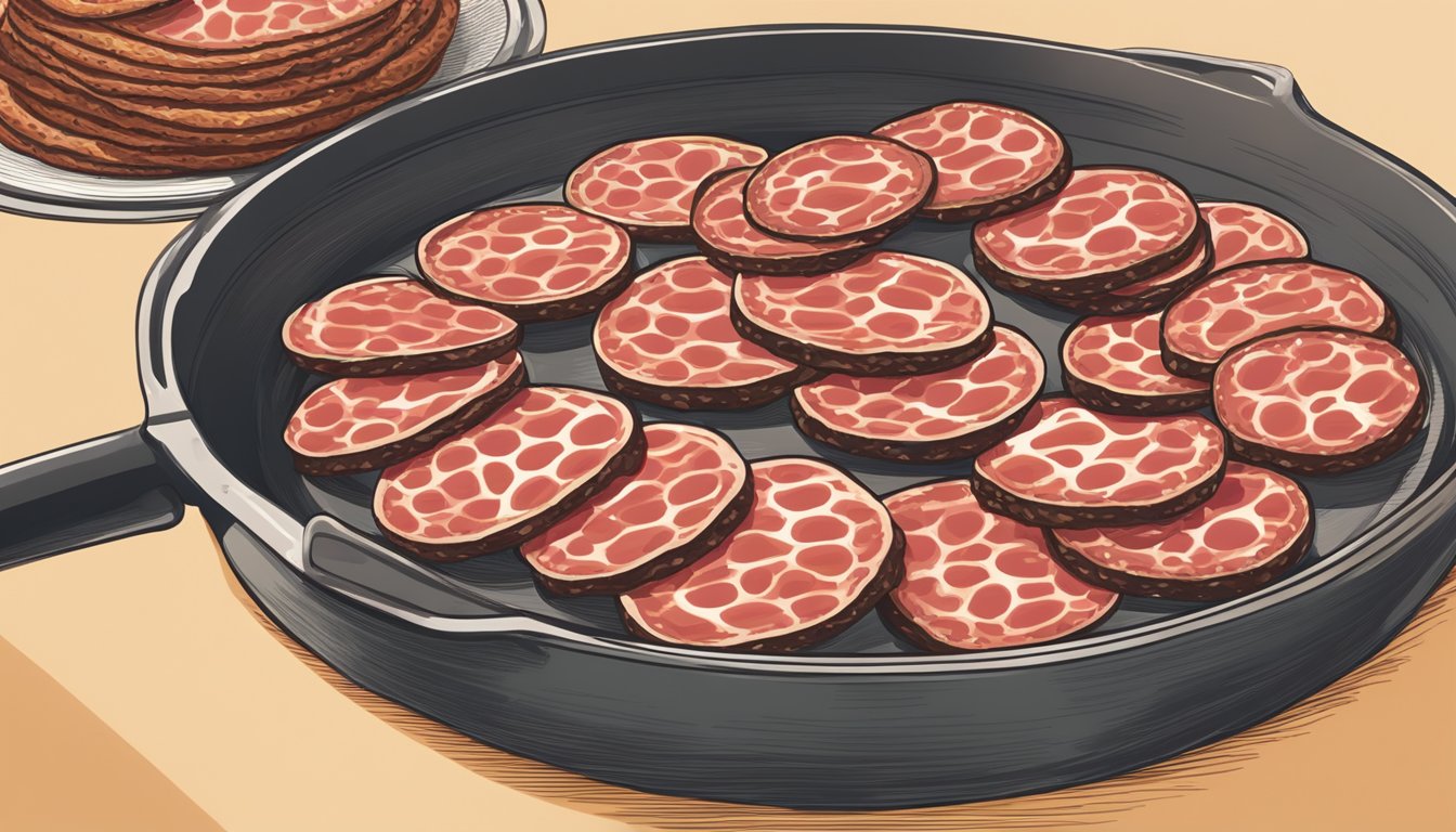 A plate of sliced salami being gently warmed in a skillet over low heat