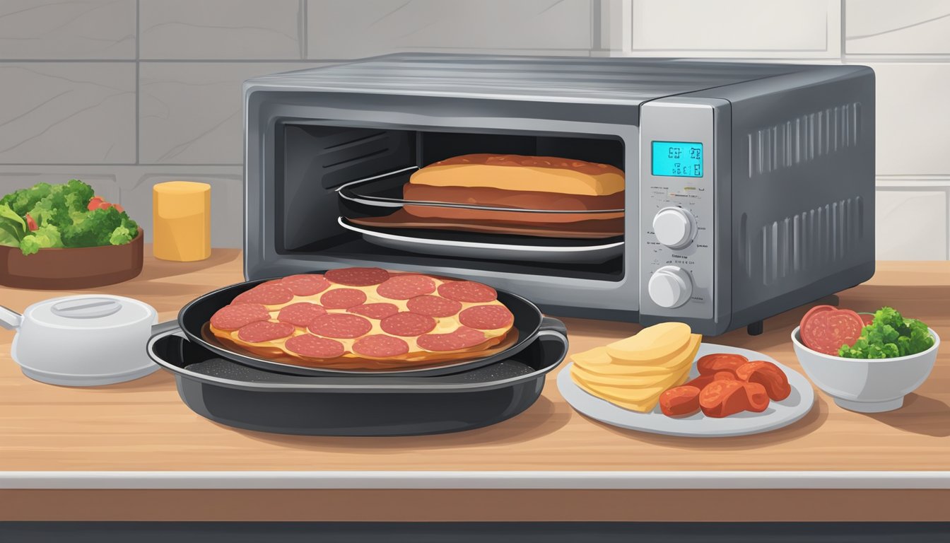 A microwave with a plate of sliced salami inside, a toaster oven, and a stovetop with a frying pan