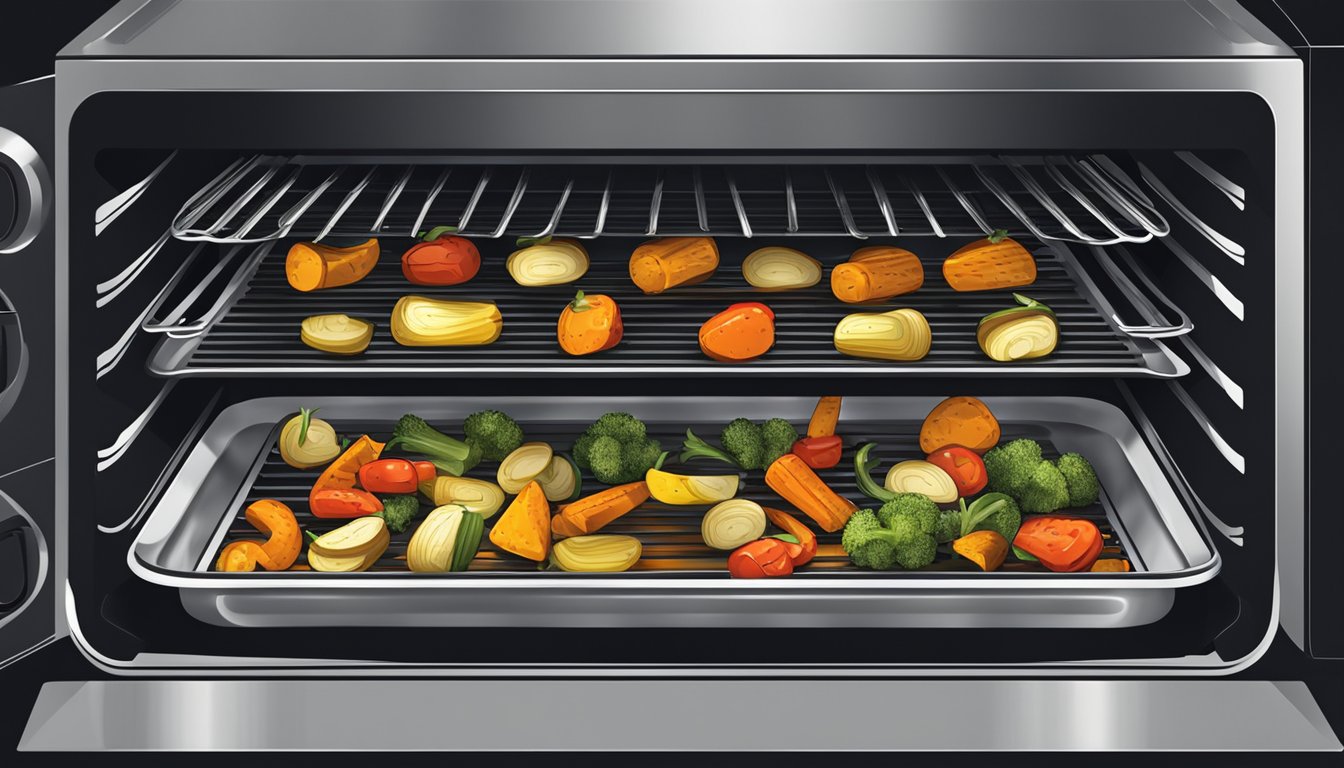 A tray of roasted vegetables sits in an open oven, heat radiating from the coils as they sizzle and crisp up