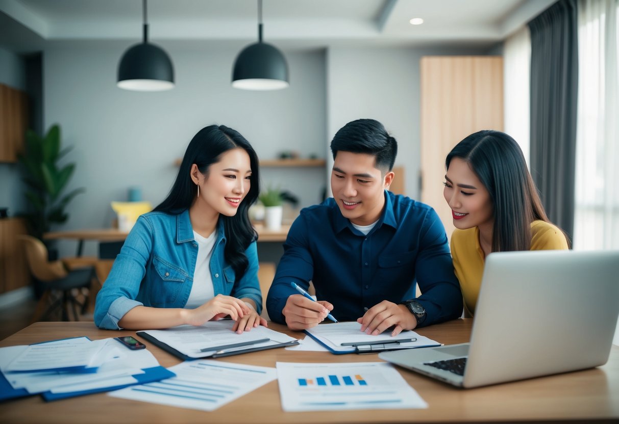 A young couple sits at a table, surrounded by paperwork and a laptop. They are discussing their finances and looking at a checklist for buying their first home in Cebu