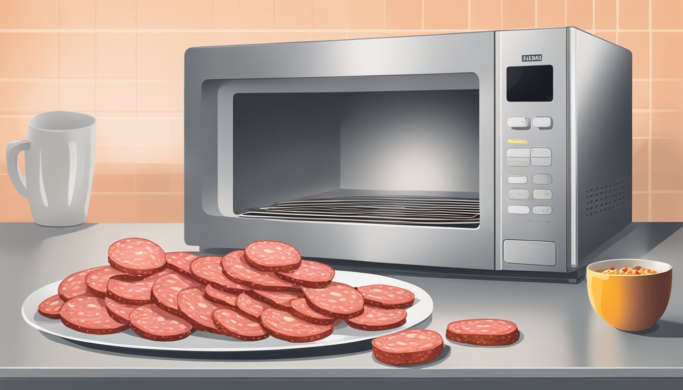 A plate of sliced salami being heated in a microwave