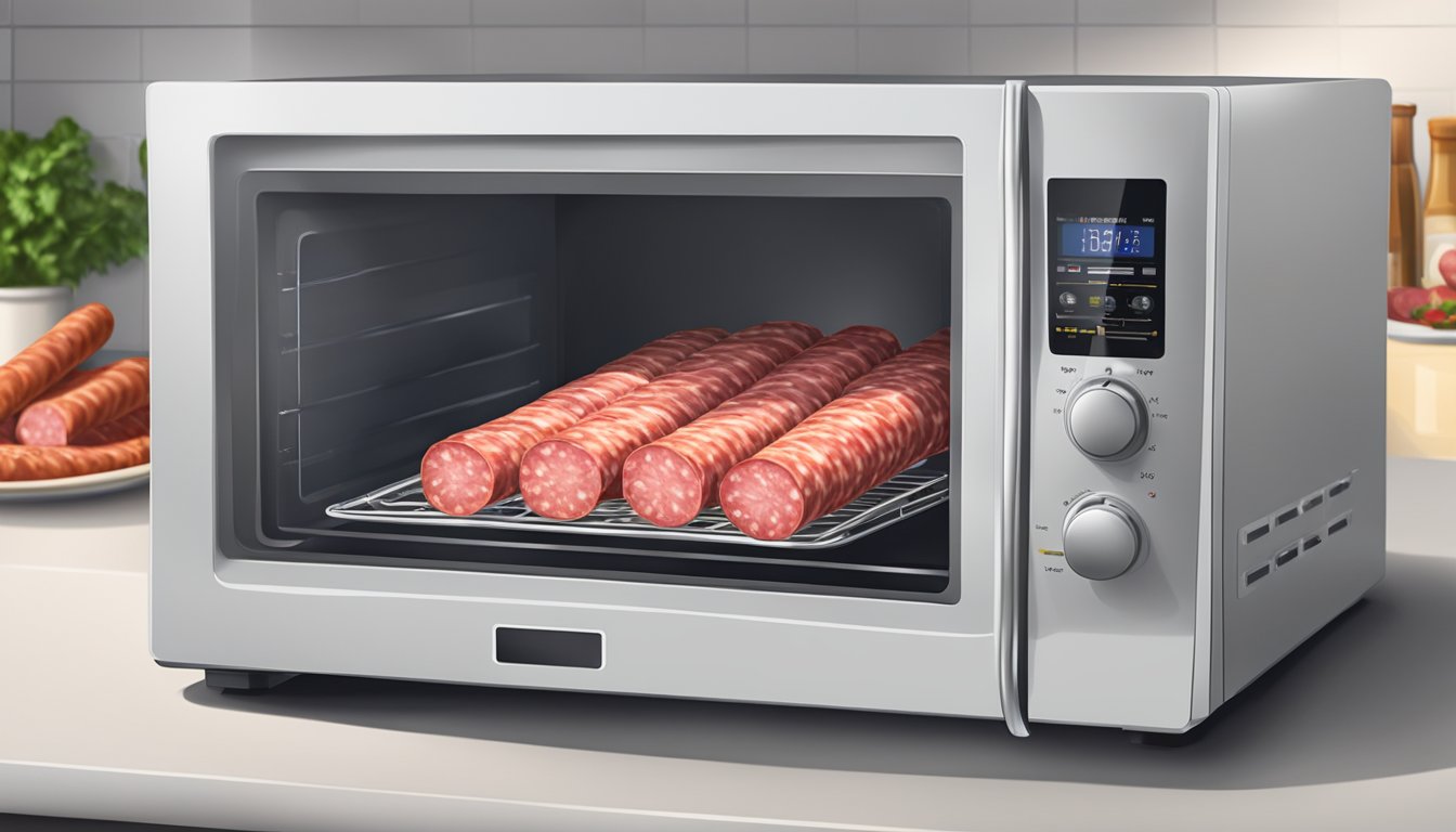 A plate of sliced salami being warmed in a microwave