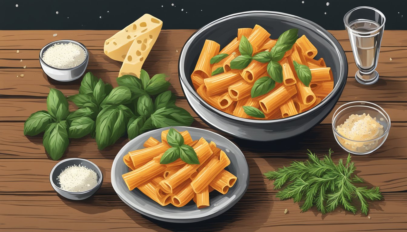 A steaming bowl of rigatoni with vodka sauce sits on a rustic wooden table, surrounded by fresh herbs and a sprinkle of parmesan cheese