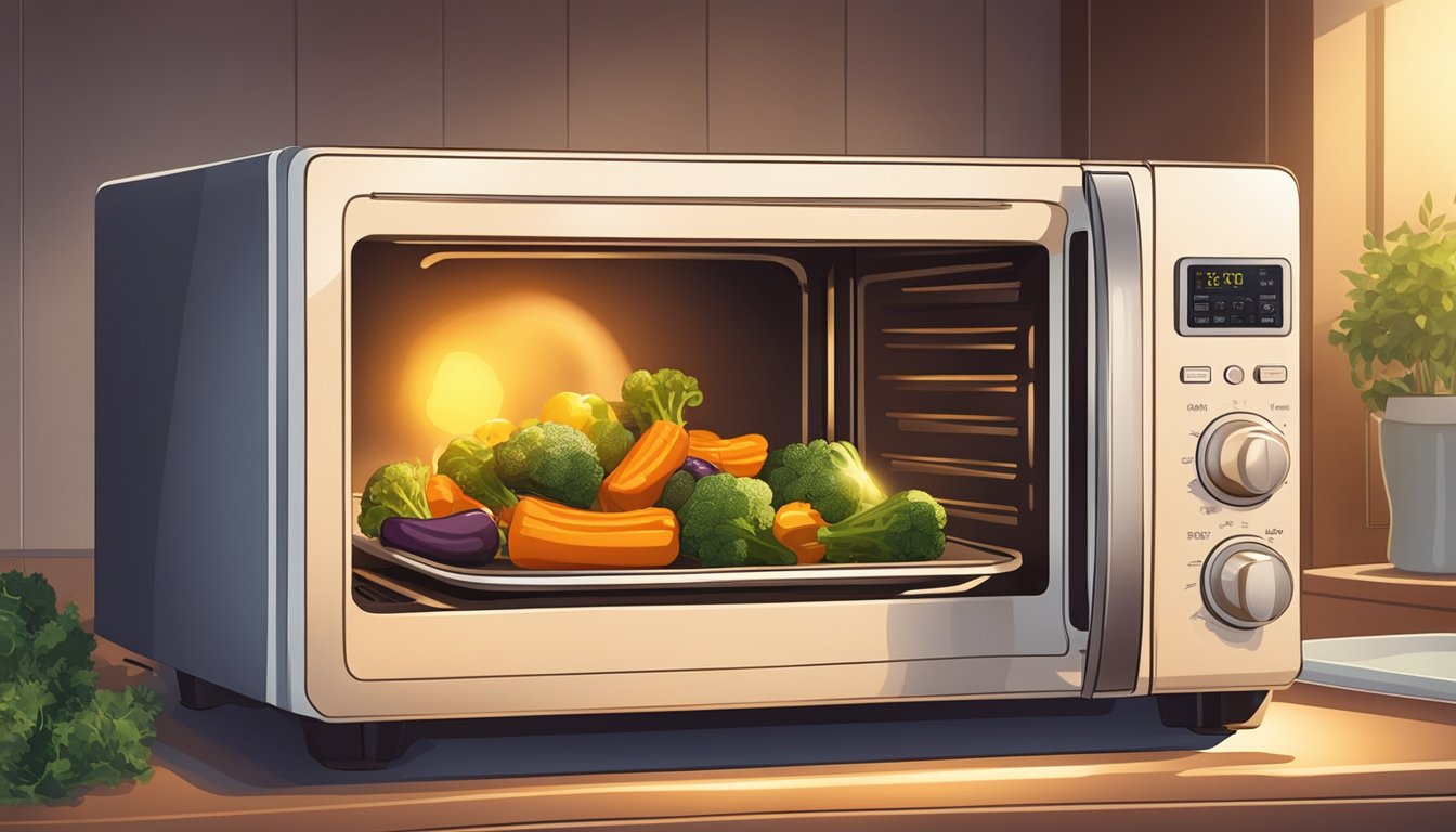 A plate of roasted vegetables spins inside a microwave, with the warm glow of the appliance illuminating the kitchen