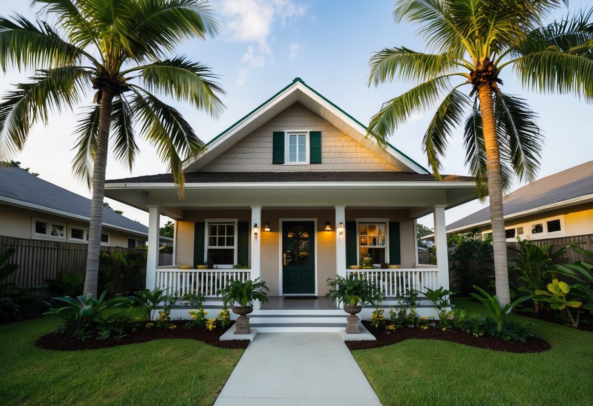 A cozy bungalow nestled among palm trees, with a welcoming front porch and a lush garden, representing the perfect first-time homebuyer's property in Cebu