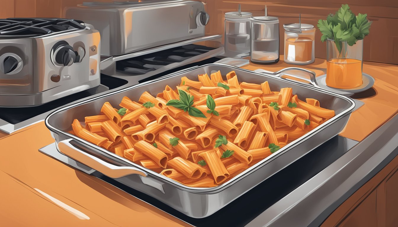 A tray of rigatoni with vodka sauce sits in the oven, the warm glow of the heat radiating around it