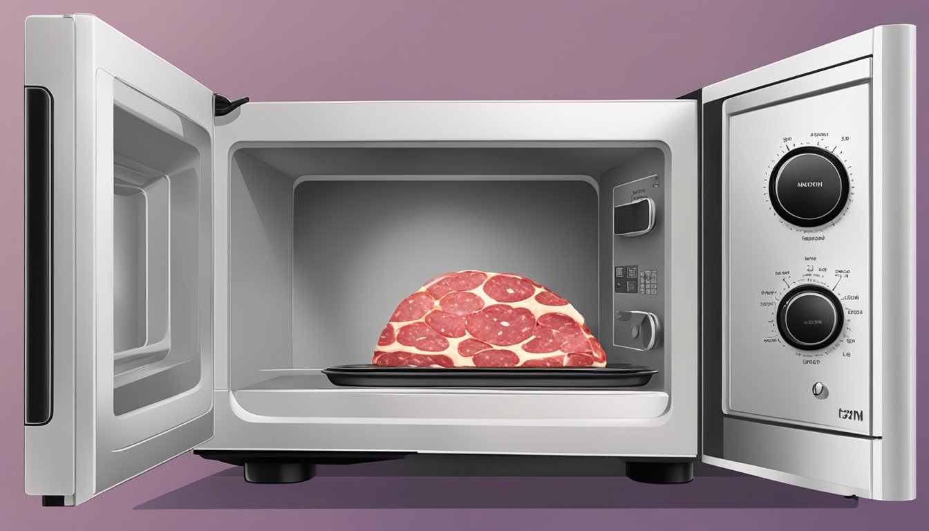 A microwave with a plate of sliced salami inside, steam rising from the meat as it reheats