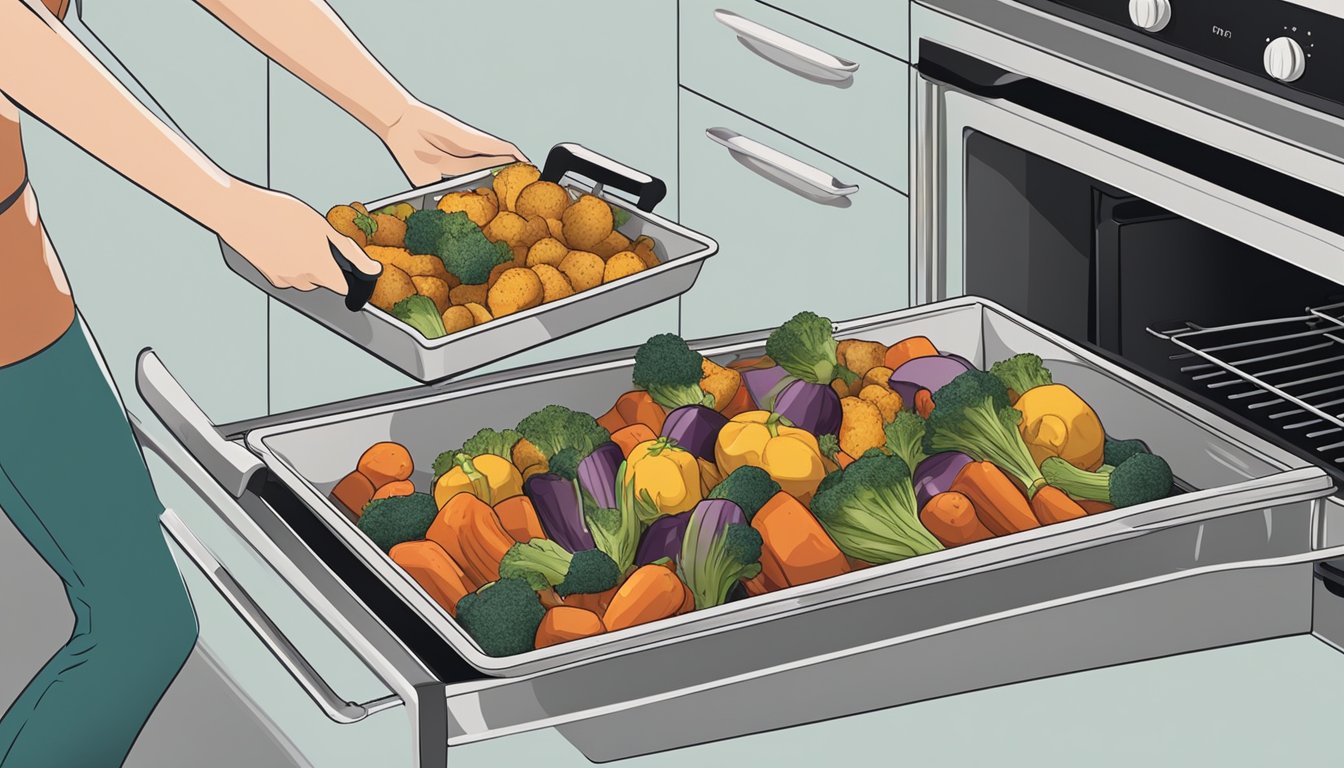 A person using oven mitts to remove a tray of roasted vegetables from the oven