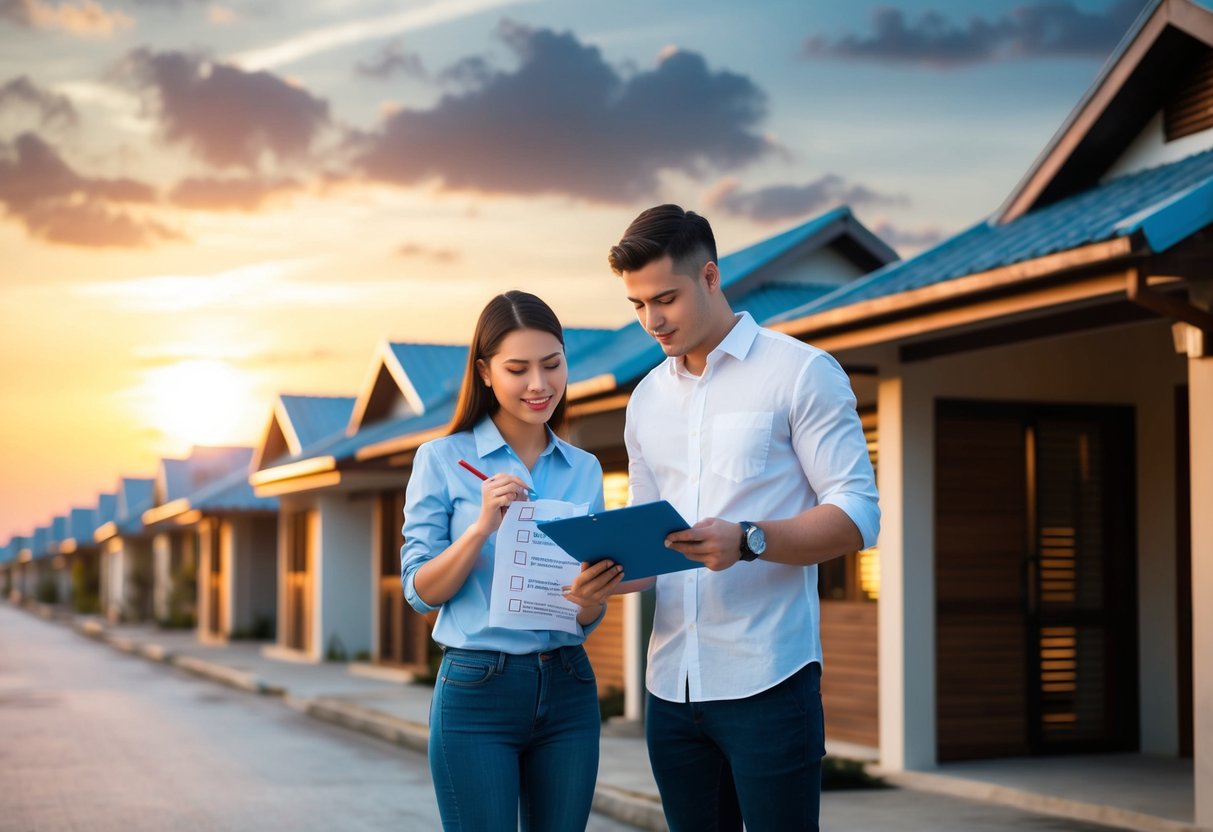 A young couple examines a checklist while standing in front of a row of Cebu properties. The sun sets behind the houses, casting a warm glow over the scene