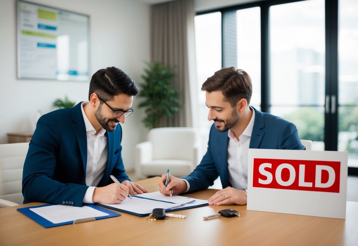 A couple signing paperwork at a real estate office, surrounded by a checklist, keys, and a sold sign