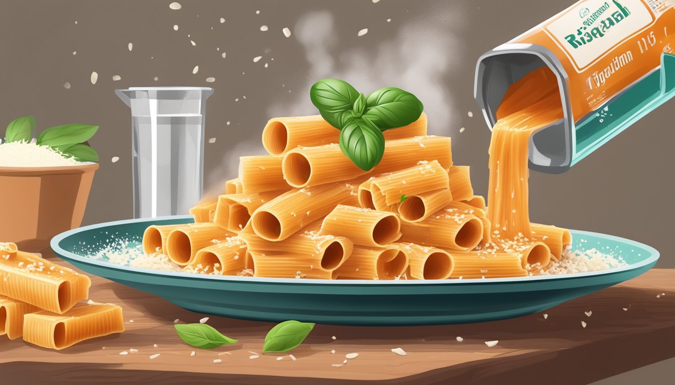 A steaming plate of rigatoni with vodka sauce being sprinkled with fresh basil and grated parmesan