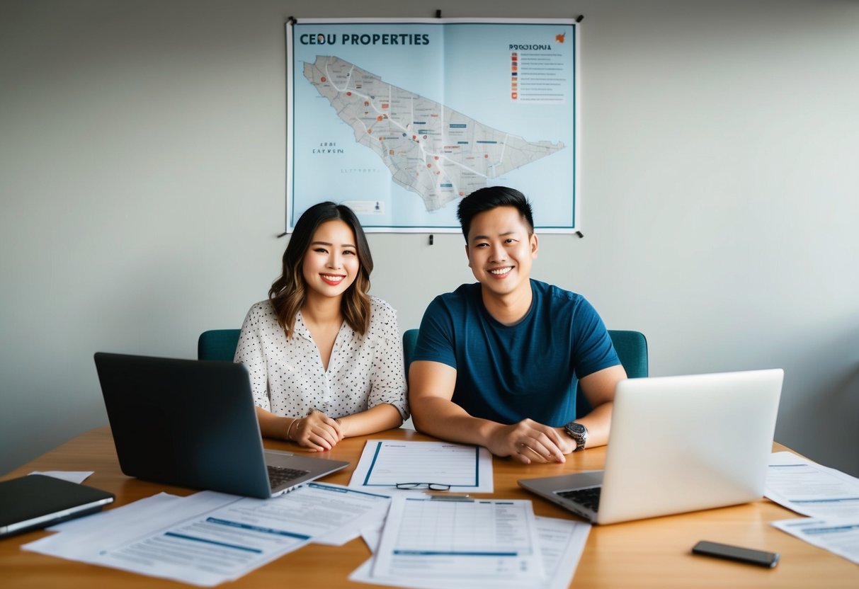 A young couple sits at a table covered in papers, laptops, and a checklist. A map of Cebu properties hangs on the wall behind them