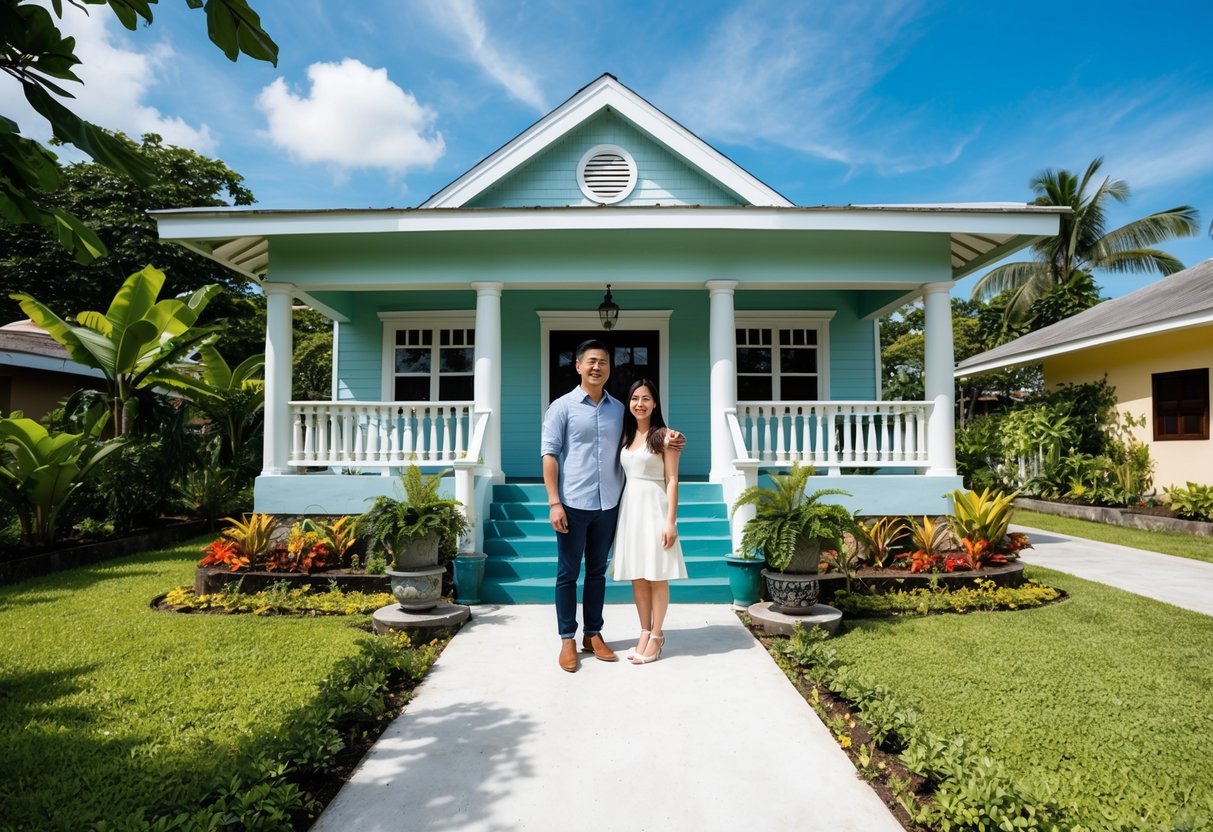 A young couple stands outside a charming Cebu property, surrounded by lush greenery and a clear blue sky. The house features a welcoming front porch and a vibrant garden