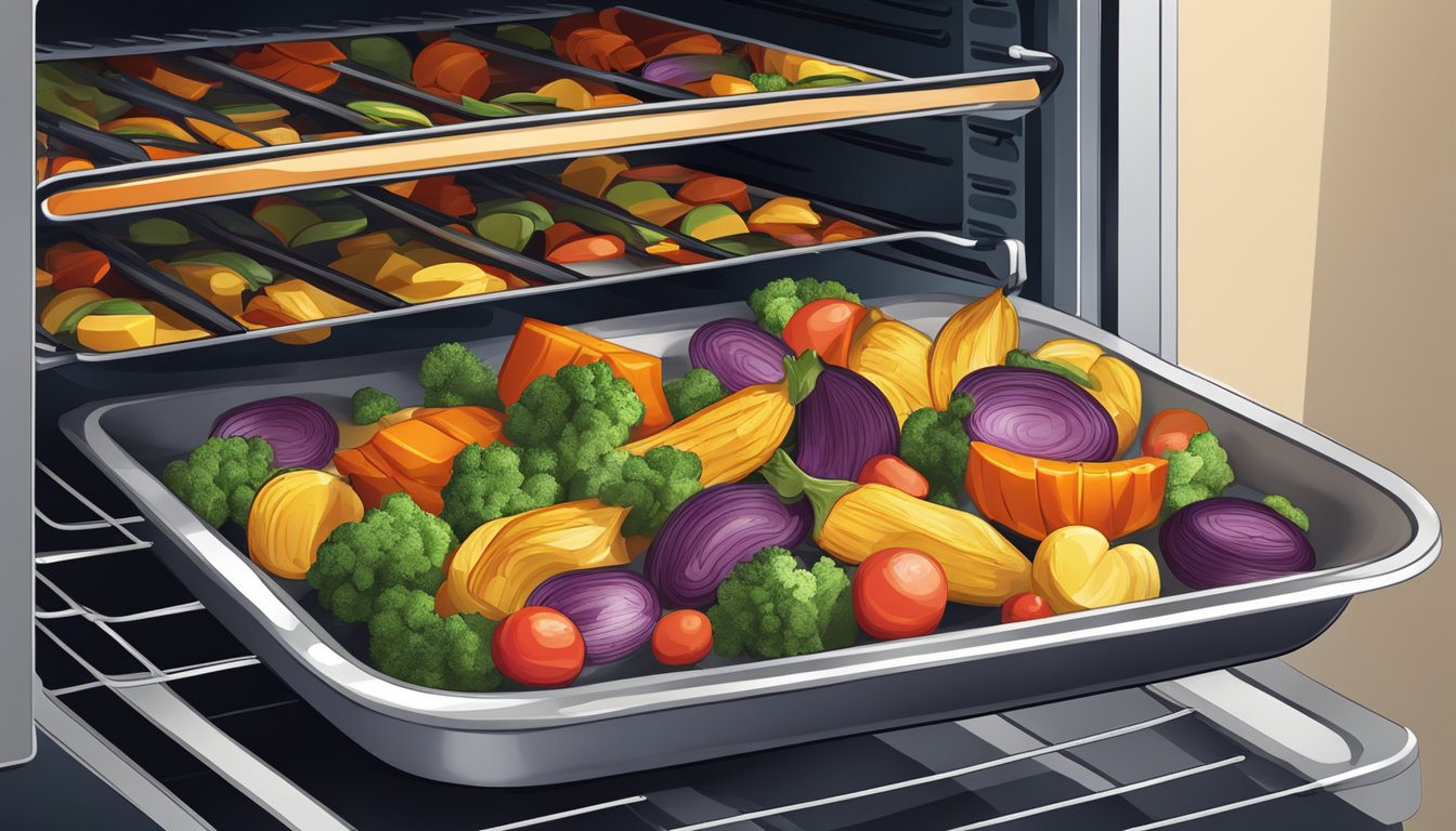 A plate of colorful roasted vegetables being reheated in the oven