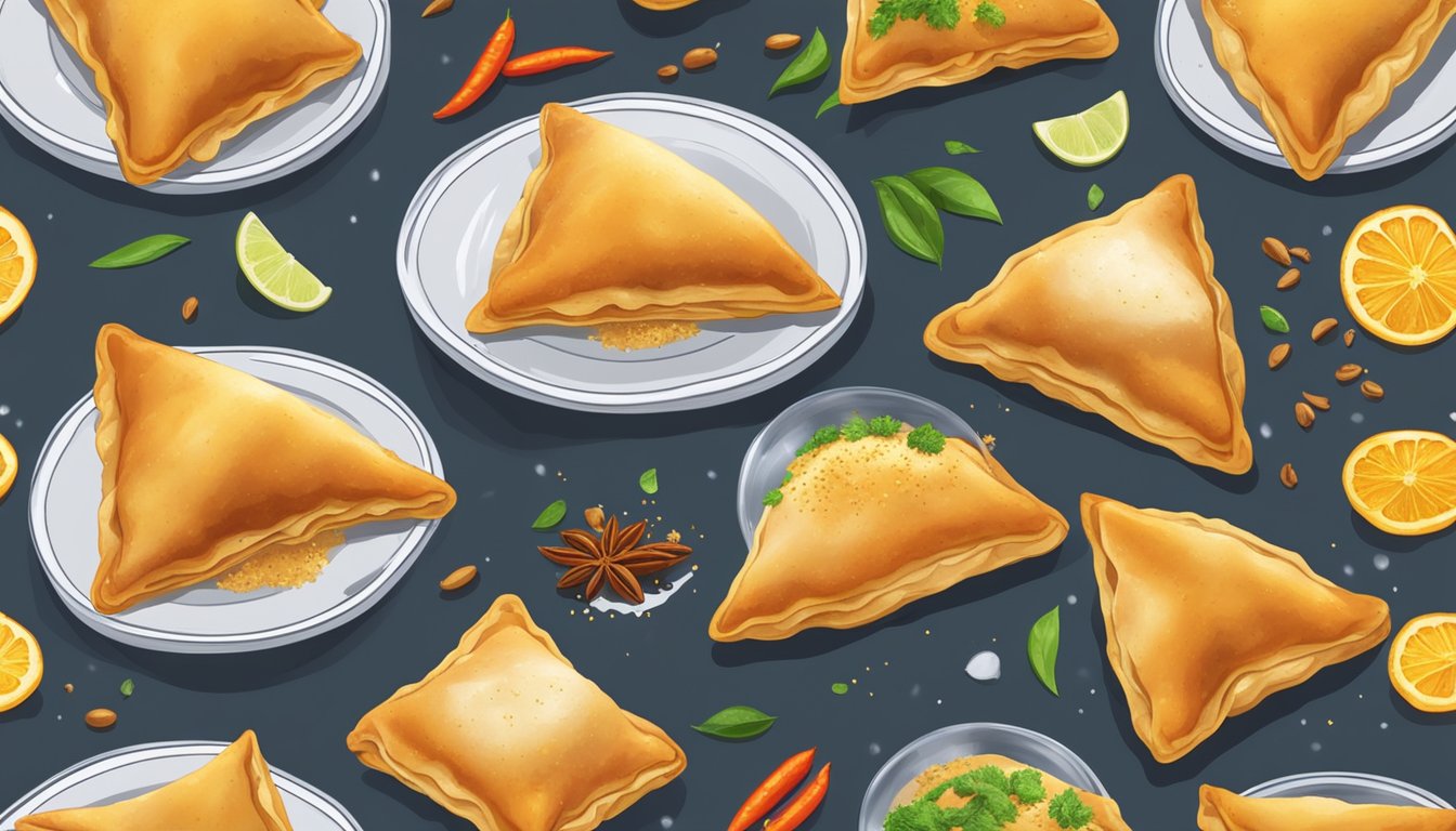 A plate of freshly reheated samosas, steam rising from the crispy golden pastry, surrounded by a sprinkling of aromatic spices