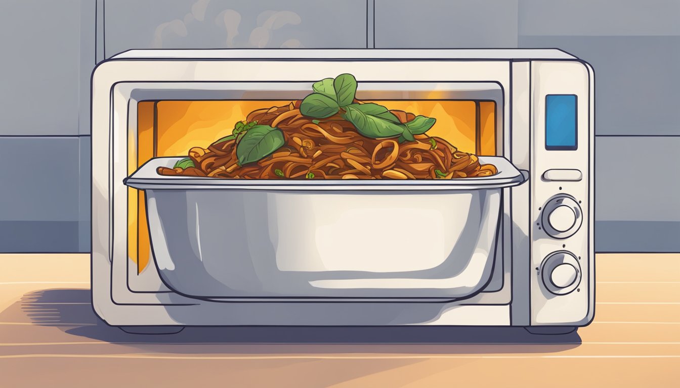 A plate of ropa vieja being reheated in a microwave