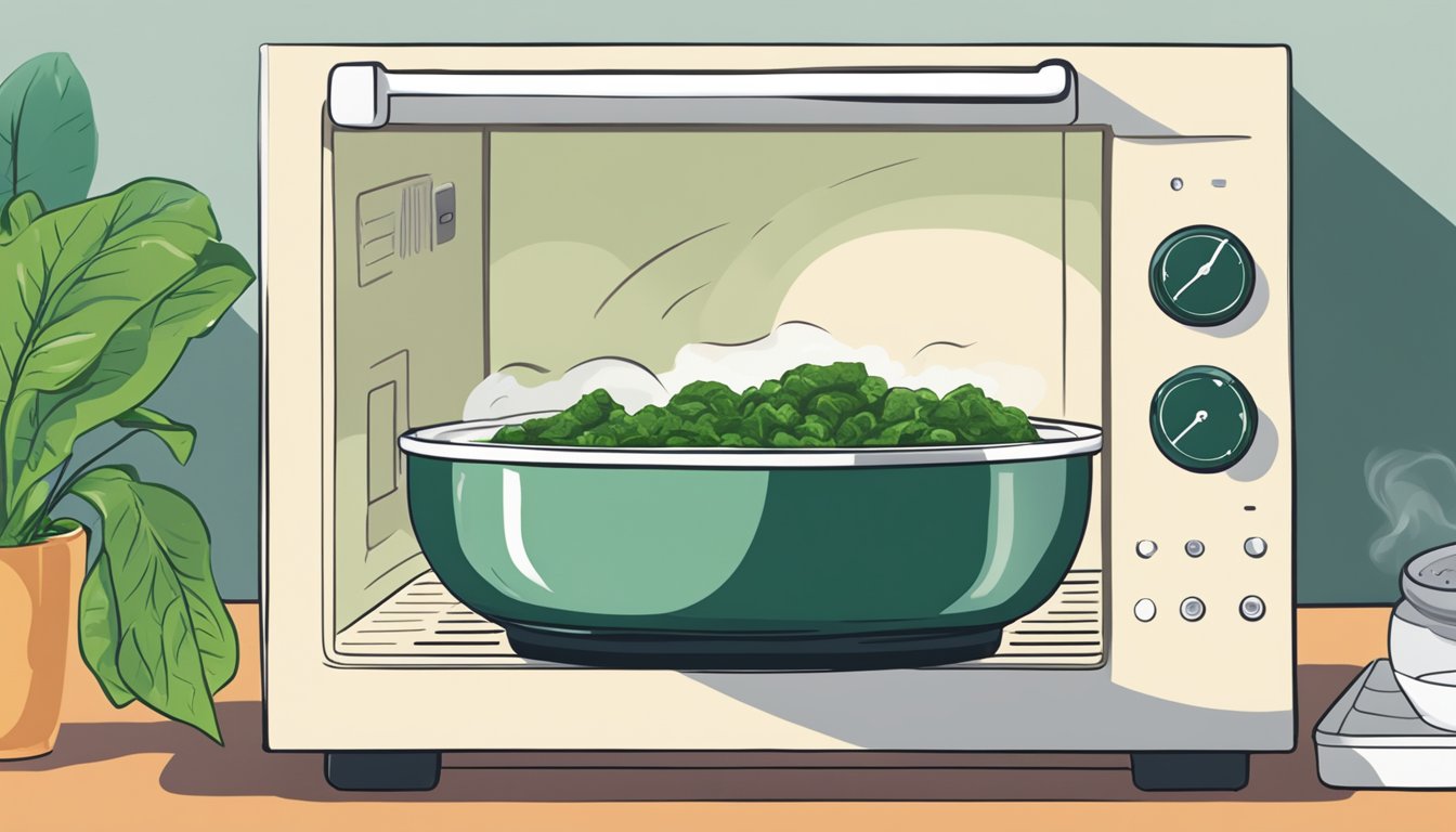 A steaming bowl of saag paneer being gently reheated in a microwave