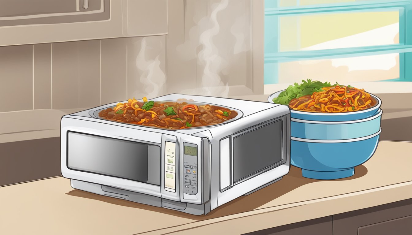 A plate of ropa vieja being reheated in a microwave with a cover on top