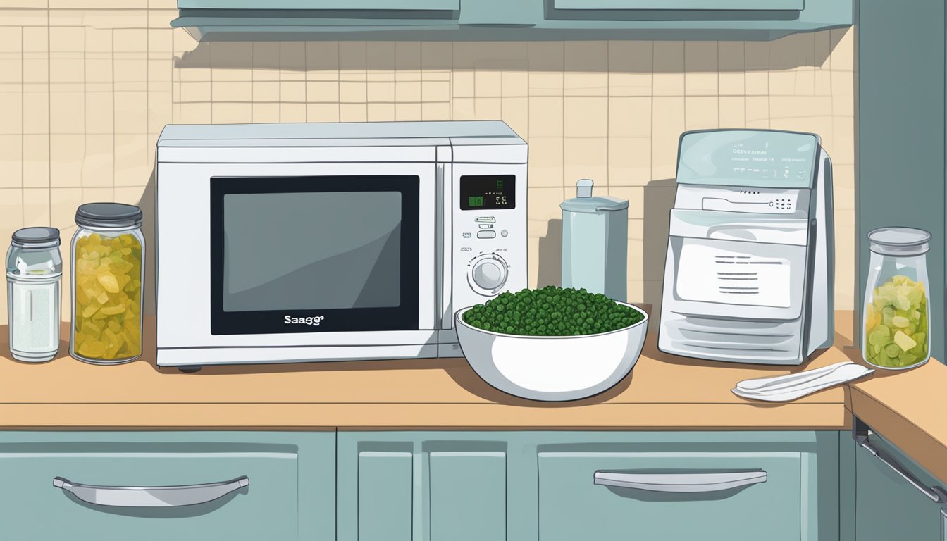 A steaming bowl of saag paneer sits next to a microwave, with instructions for reheating displayed nearby. A container of leftovers is seen in the fridge