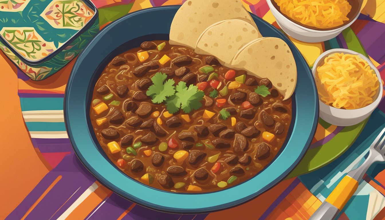 A steaming bowl of ropa vieja sits on a colorful, patterned placemat next to a stack of warm tortillas