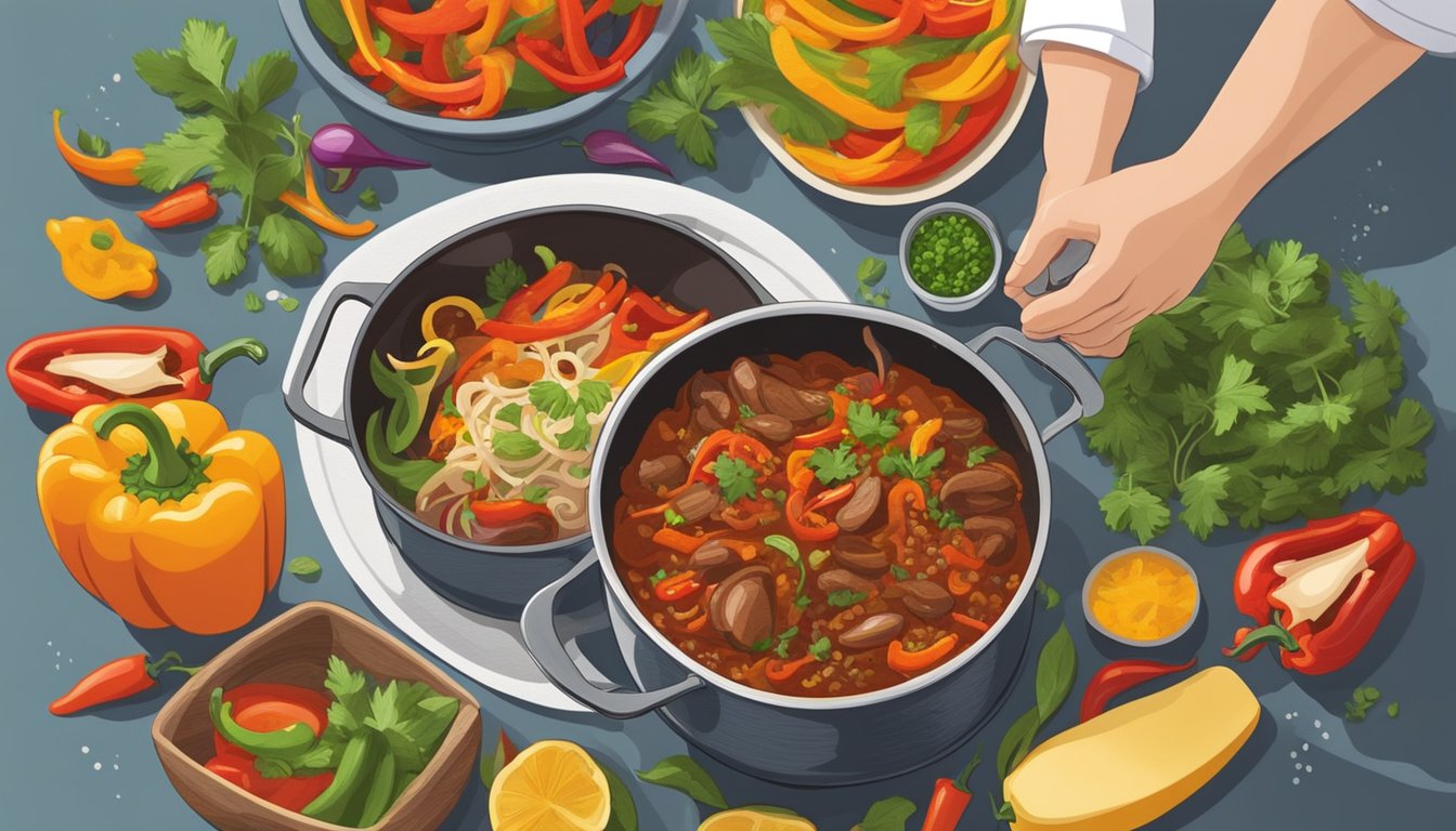 A steaming pot of ropa vieja sits on a stove, surrounded by vibrant ingredients like bell peppers and onions. A chef's hand sprinkles fresh herbs over the dish