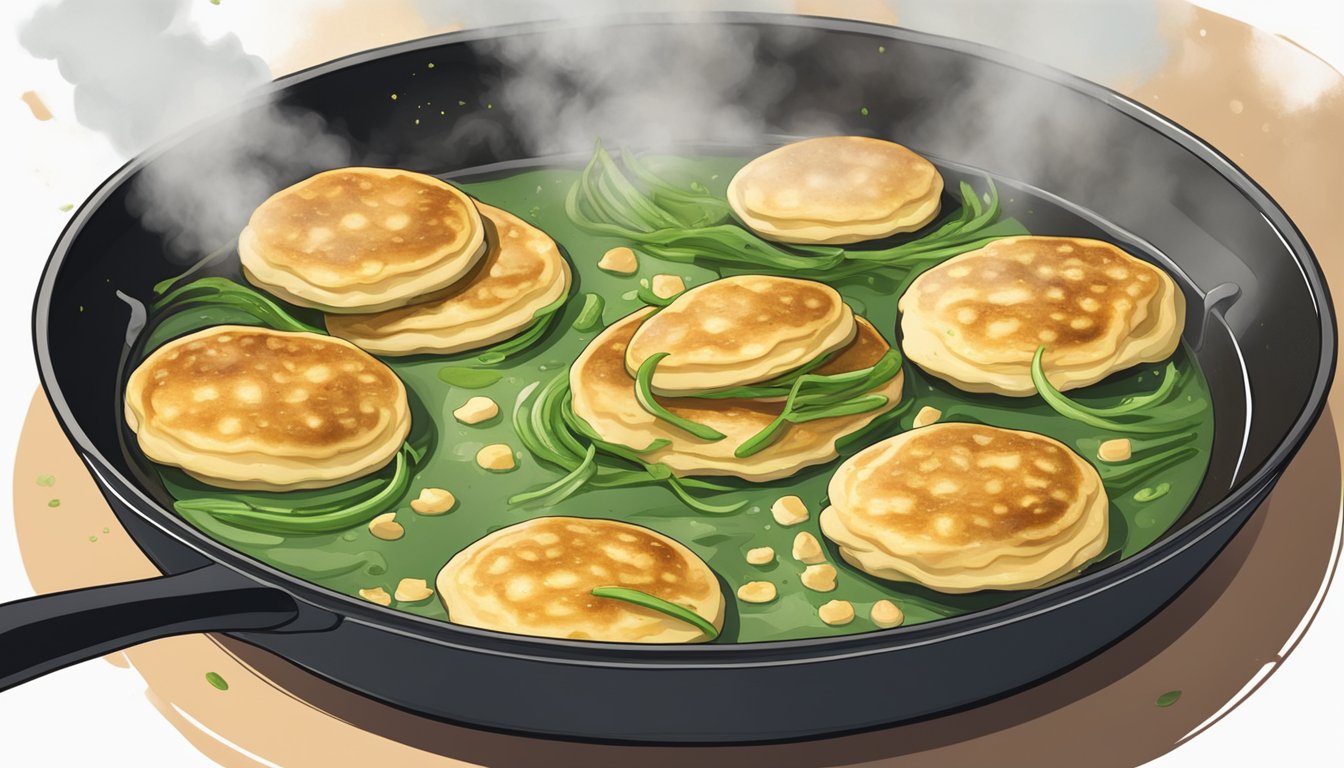 Scallion pancakes sizzling in a hot skillet, golden brown and crispy on the outside, with steam rising from them