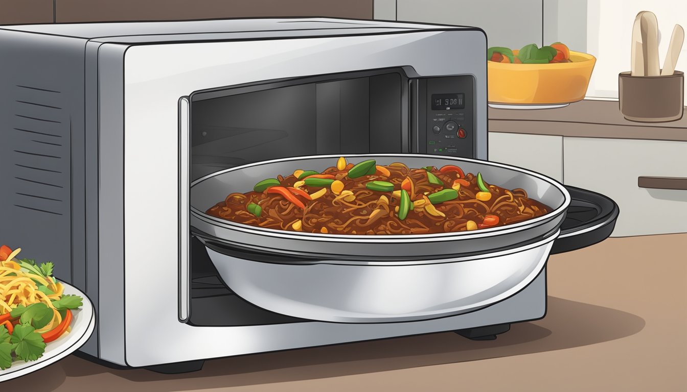 A plate of ropa vieja being reheated in a microwave or on a stovetop