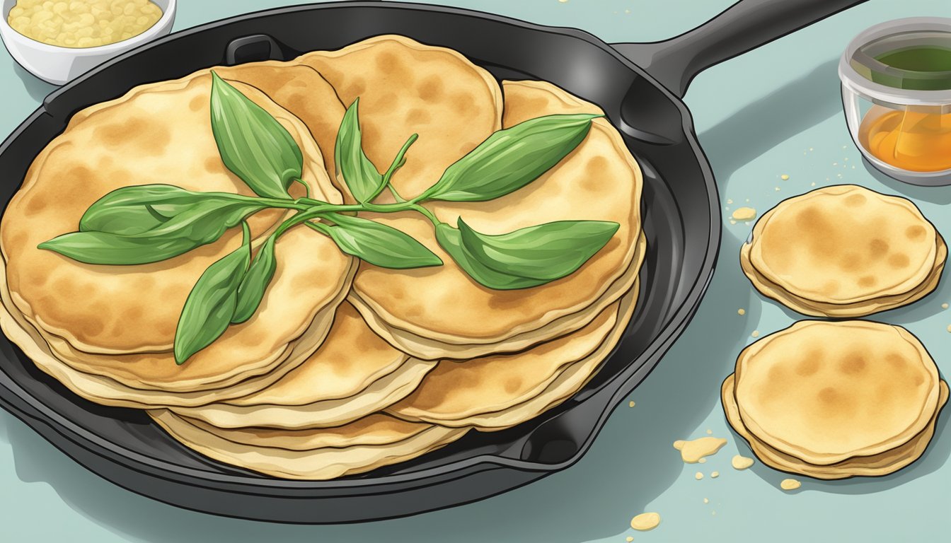 A non-stick skillet heating scallion pancakes over medium heat