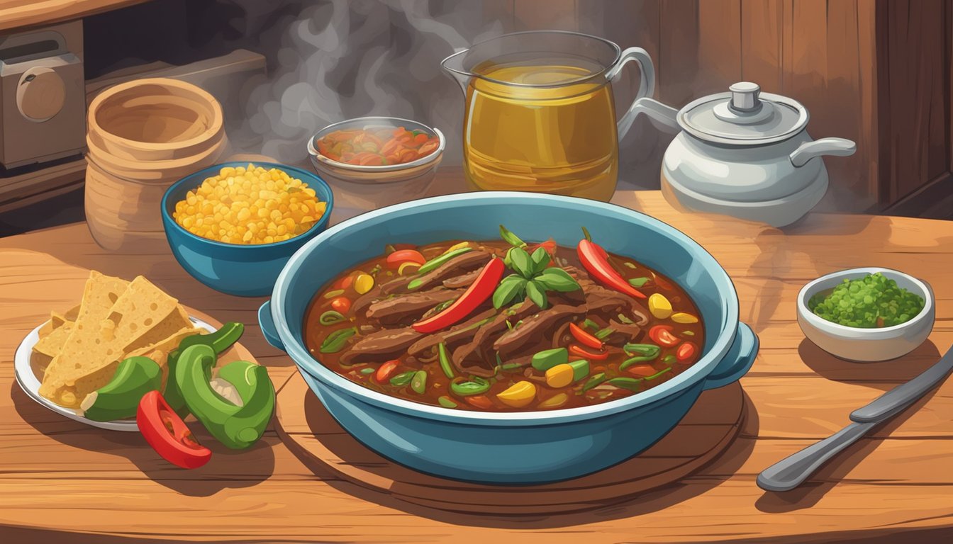 A steaming bowl of ropa vieja sits on a rustic wooden table, surrounded by colorful plates and utensils. A microwave or stovetop is nearby for reheating