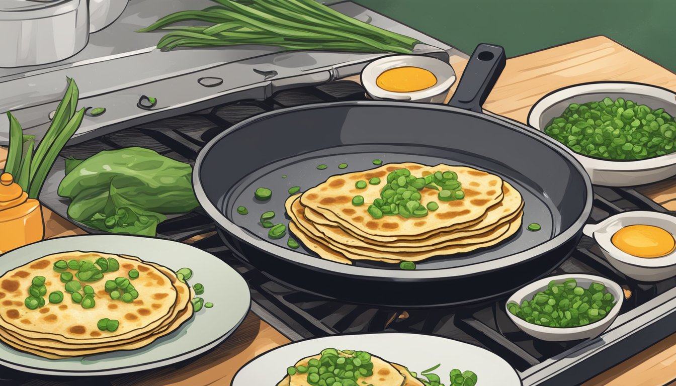 A plate of reheated scallion pancakes sizzling on a hot skillet