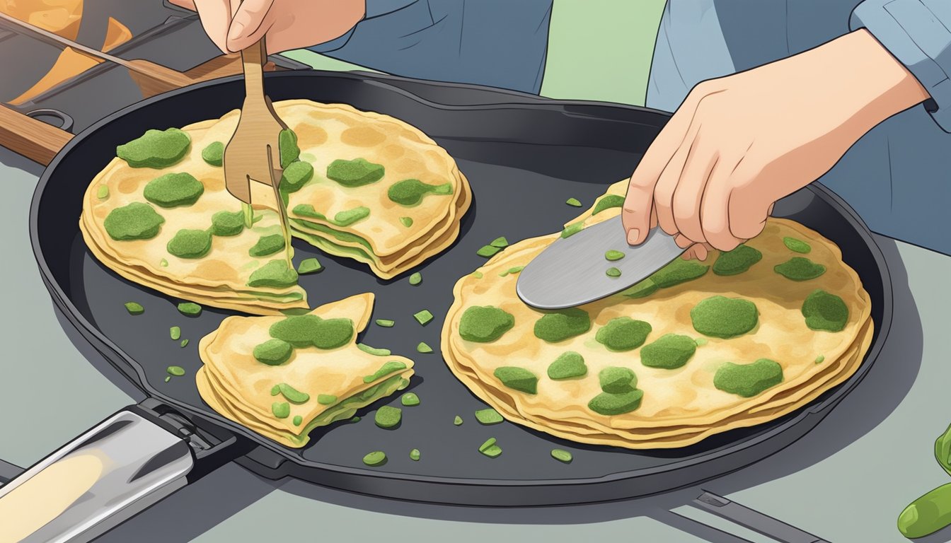 A person placing scallion pancakes on a non-stick pan over medium heat, using a spatula to flip them until crispy and heated through