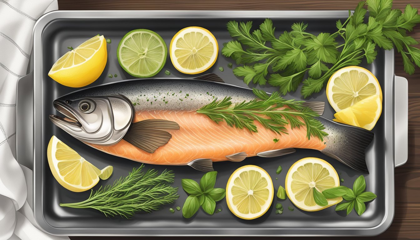 A steaming oven with a golden brown salmon coulibiac on a baking tray, surrounded by fresh herbs and lemon slices