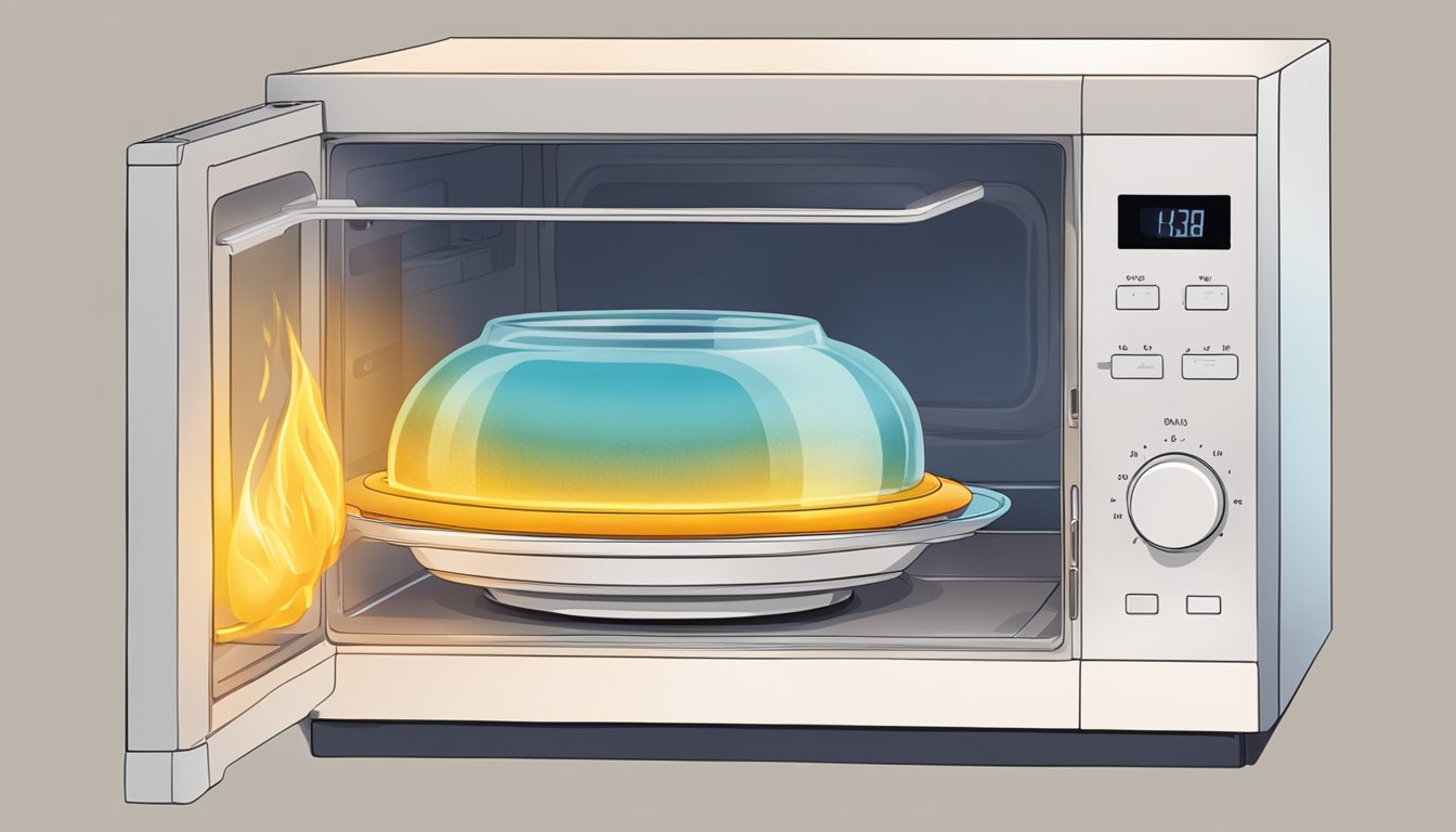 A plate of sai ua being heated in a microwave