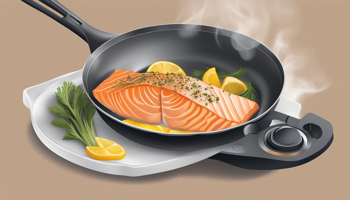 A stovetop with a skillet containing a slice of salmon coulibiac being gently reheated over a low flame