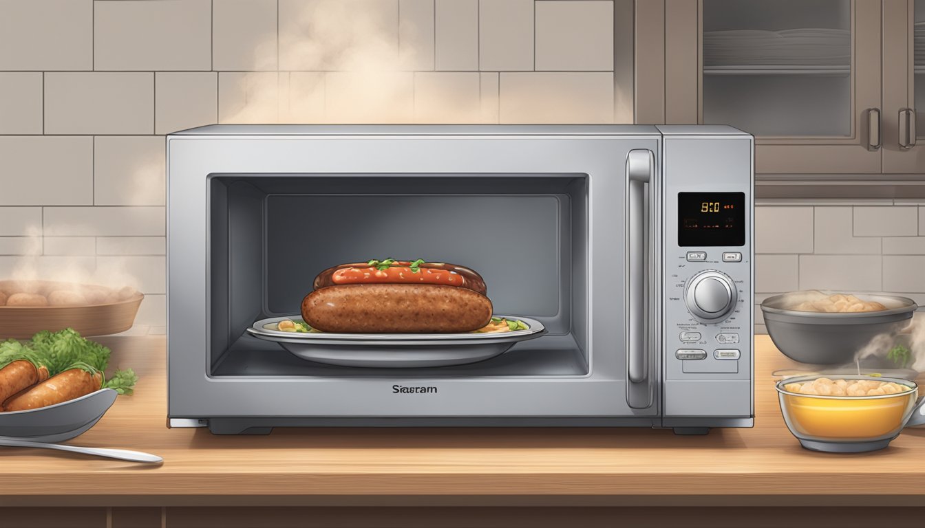 A microwave with a plate of sai ua inside, steam rising from the sausage as it heats up